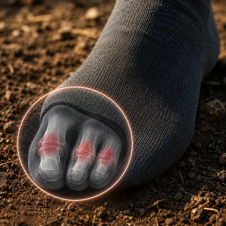 Gros plan d'orteils serrés dans une chaussette classique — le frottement peau contre peau qui cause les ampoules