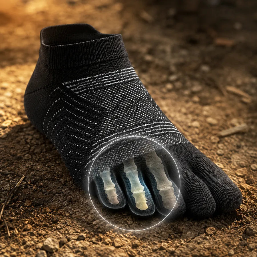 Gros plan du tricot en laine mérinos avec chaque orteil enveloppé séparément — la solution anti-ampoules